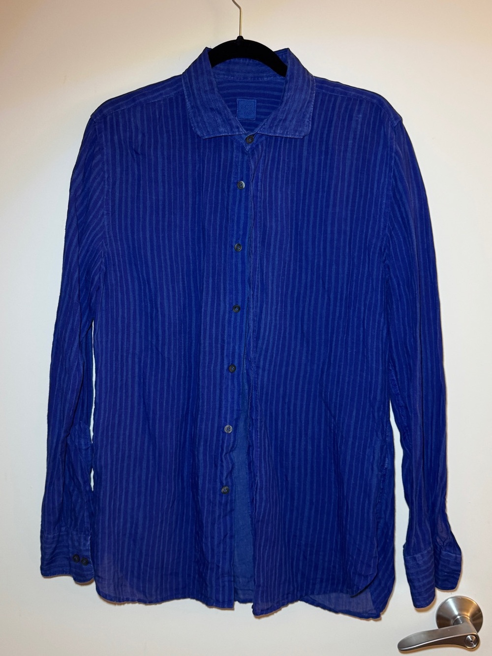 Linen Blue Striped Button-Front Women's Blouse